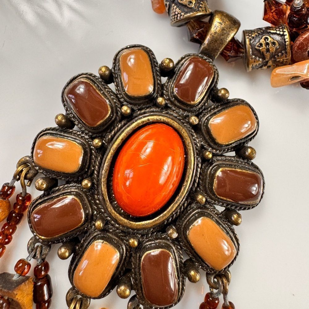 Rare Bohemian Orange and Brown Tigers Eye Pendant Necklace - Picture 9 of 13